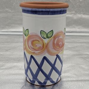 Vintage Terra Cotta Art Pottery Wine Cooler Hand Painted Vase Italy Floral Theme